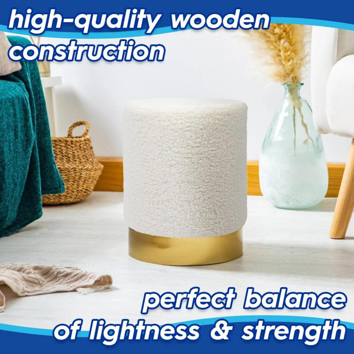 2x Cream H36 x D29cm Round Boucle Footstools Ottoman Foot Stool Pouffe Seat - Image 2