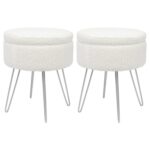 2x Cream/Silver H46 x D37cm Round Boucle Storage Footstools Ottoman Stool Seat