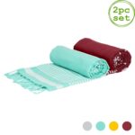 2x Deluxe Turkish Cotton Bath Towels Lightweight Throw 162 x 90cm Burgundy/Aqua