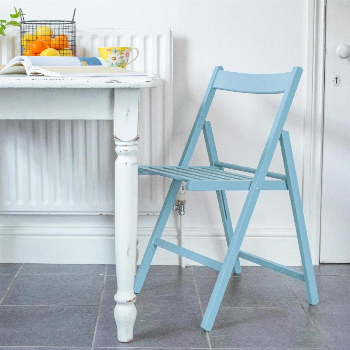 2x Denim Blue Wooden Folding Chairs Foldable Space Saving Slatted Office Seat - Image 4