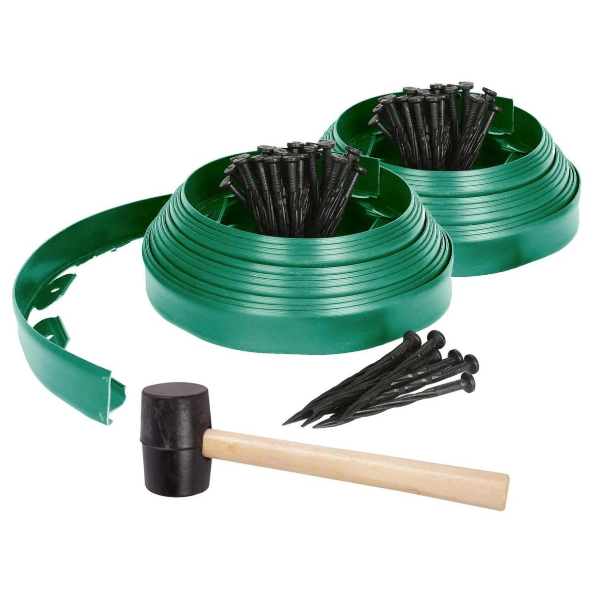 2x Flexible Plastic Lawn and Path Edging with 80 Pegs and Mallet 20m x 4cm Green - Image 1