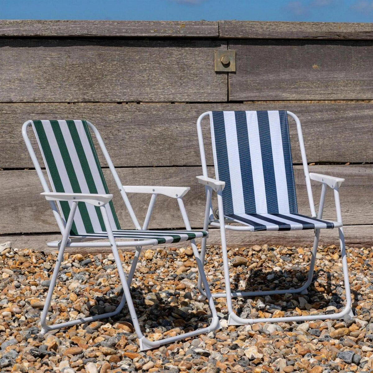 2x Folding Metal Beach Chairs Outdoor Camping Picnic Armchair Blue/Green Stripe - Image 5