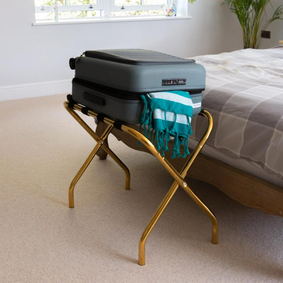 2x Folding Metal Luggage Rack Home Bedroom Suitcase Travel Storage Stand Gold - Image 6