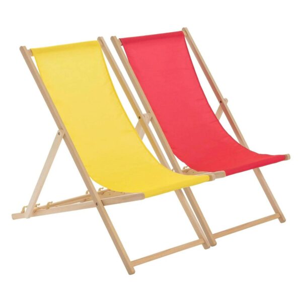 2x Folding Wooden Deck Chairs Adjustable Canvas Beach Lounger Pink/Yellow