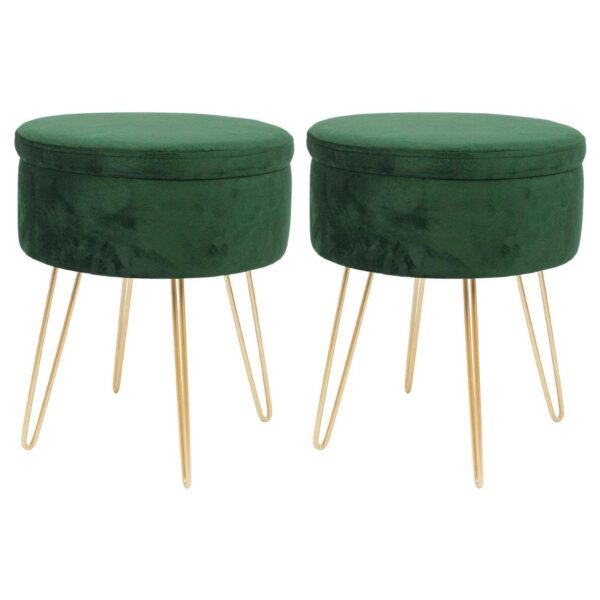 2x Green/Gold H45 x D36cm Round Velvet Storage Footstools Ottoman Stool Seat