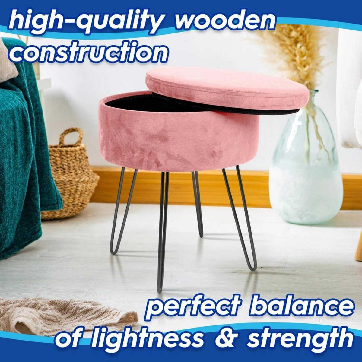 2x Grey/Black H45 x D36cm Round Velvet Storage Footstools Ottoman Stool Seat - Image 2