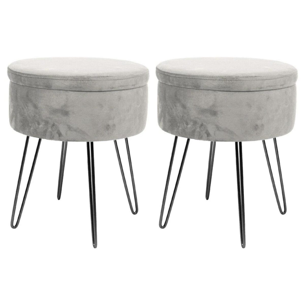 2x Grey/Black H45 x D36cm Round Velvet Storage Footstools Ottoman Stool Seat - Image 1