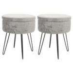 2x Grey/Black H45 x D36cm Round Velvet Storage Footstools Ottoman Stool Seat