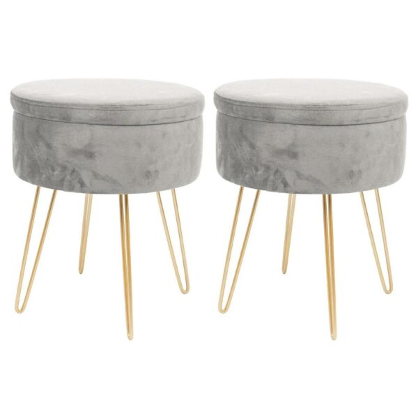 2x Grey/Gold H45 x D36cm Round Velvet Storage Footstools Ottoman Stool Seat
