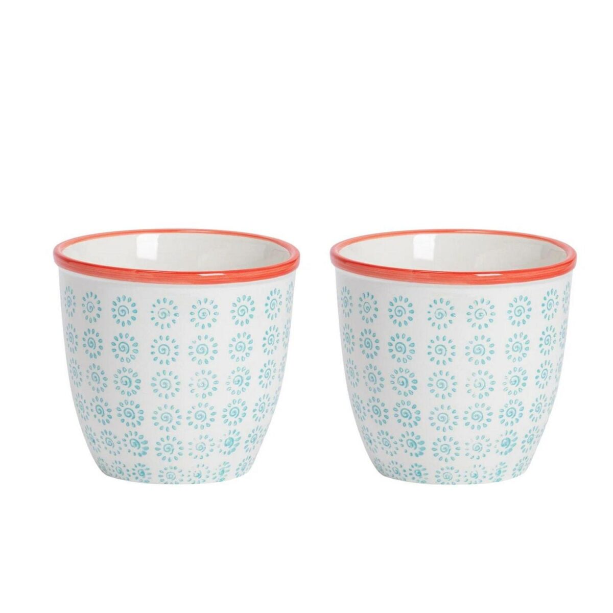 2x Hand-Printed Plant Pots Porcelain Garden Flower Planter 14cm Turquoise - Image 1