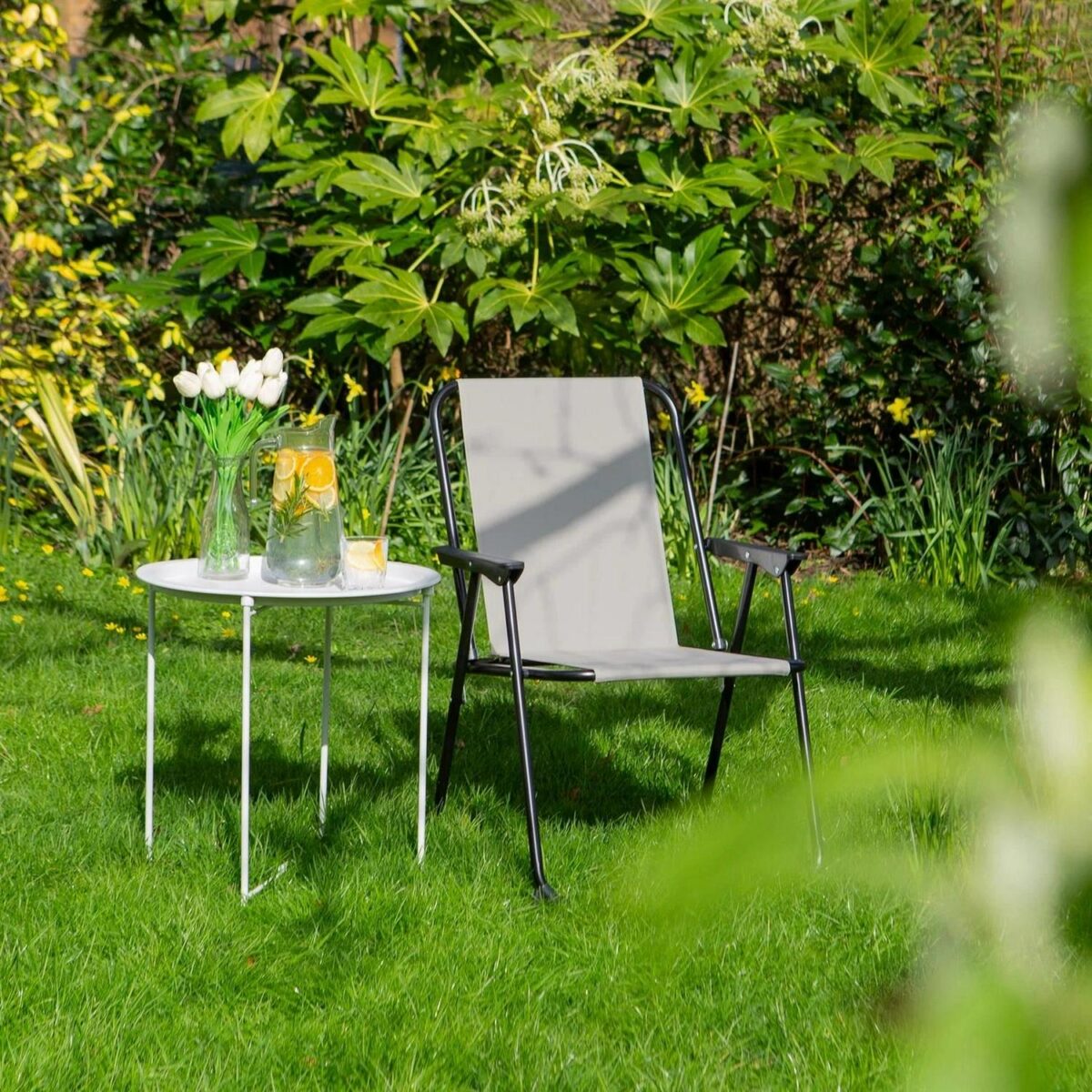 2x Matt Black/Beige Folding Metal Beach Chairs Portable Outdoor Camping Fishing - Image 6