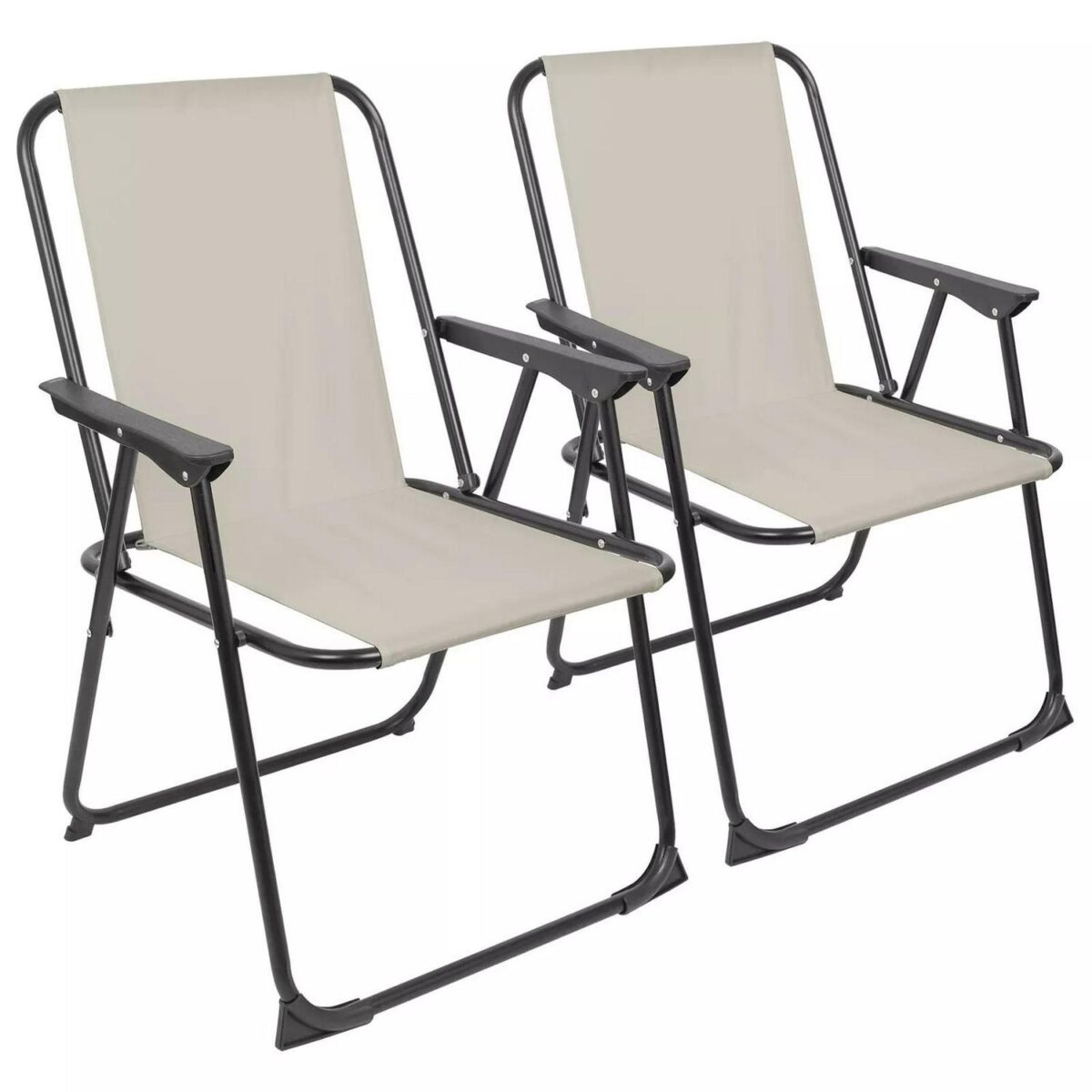 2x Matt Black/Beige Folding Metal Beach Chairs Portable Outdoor Camping Fishing - Image 1