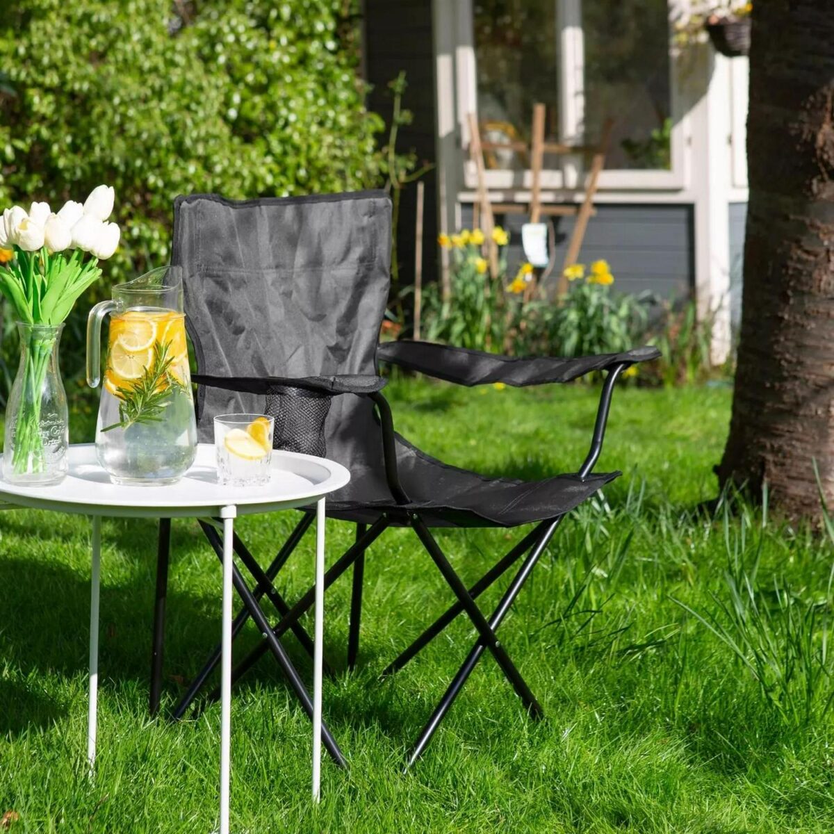 2x Matt Black/Black Folding Canvas Camping Chairs Portable Outdoor Fishing Seat - Image 6