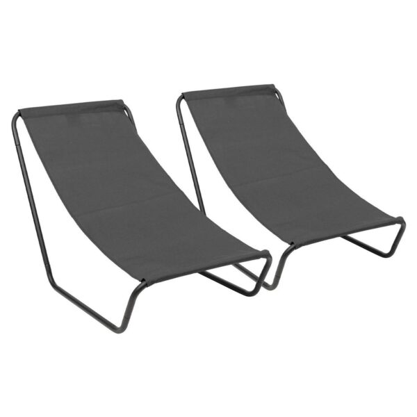 2x Matt Black/Black Folding Beach Loungers Outdoor Garden Camping Sun Chair