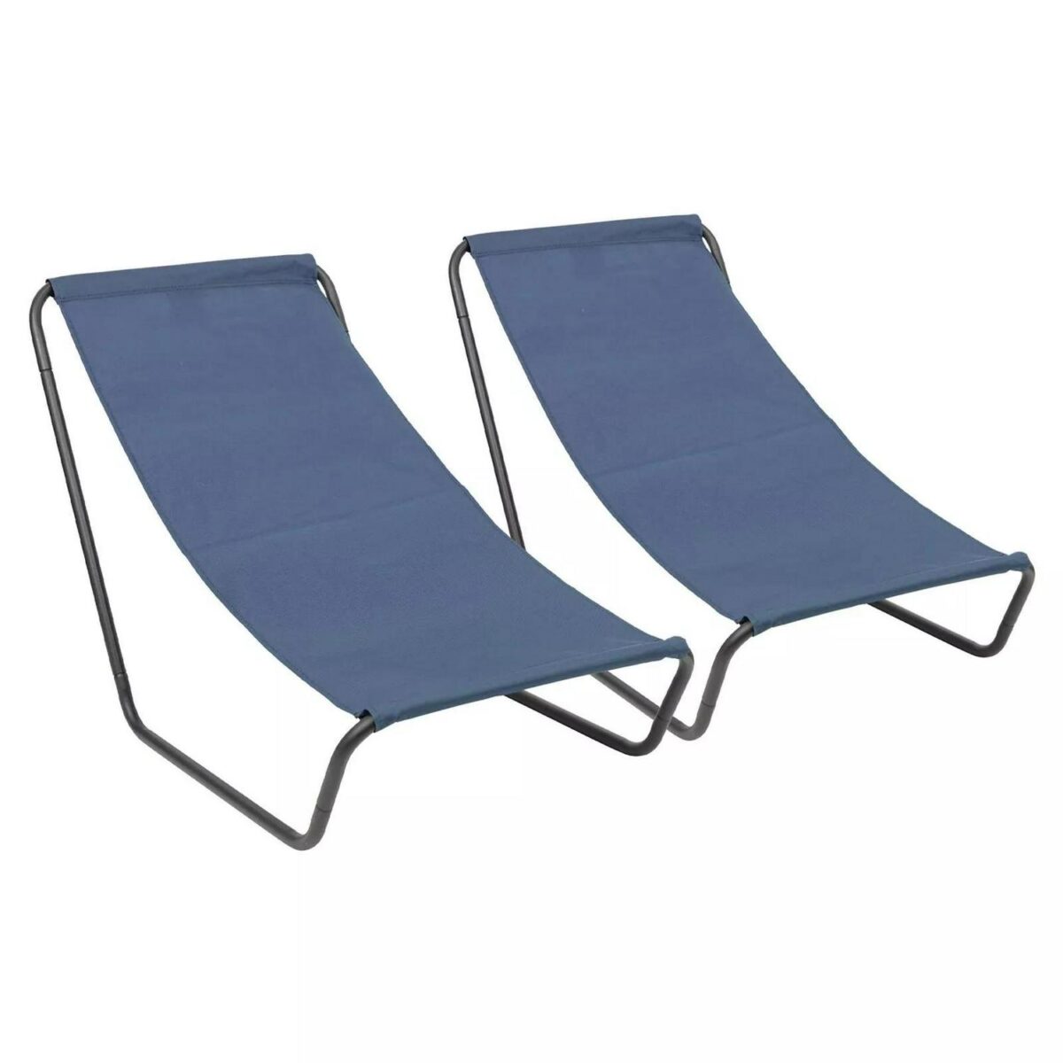2x Matt Black/Navy Folding Beach Loungers Outdoor Garden Camping Sun Chair - Image 1