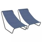 2x Matt Black/Navy Folding Beach Loungers Outdoor Garden Camping Sun Chair