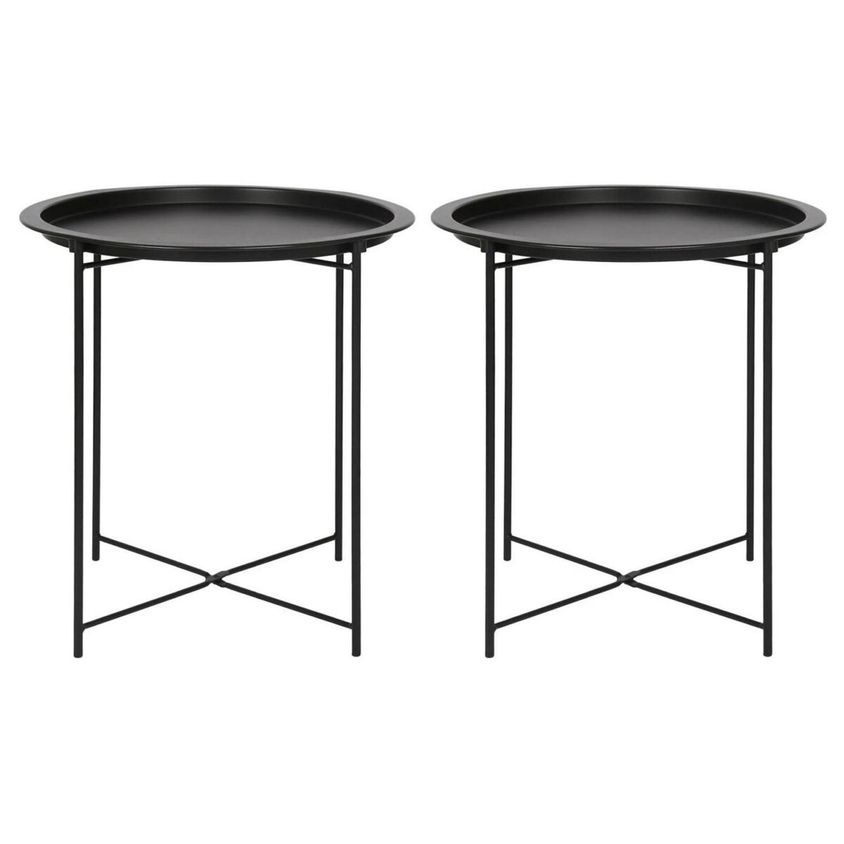 2x Matt Black Round Steel Tray Tables Living Room Sofa Side End Coffee Table - Image 1