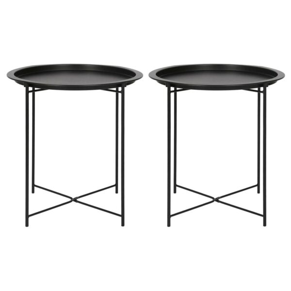 2x Matt Black Round Steel Tray Tables Living Room Sofa Side End Coffee Table