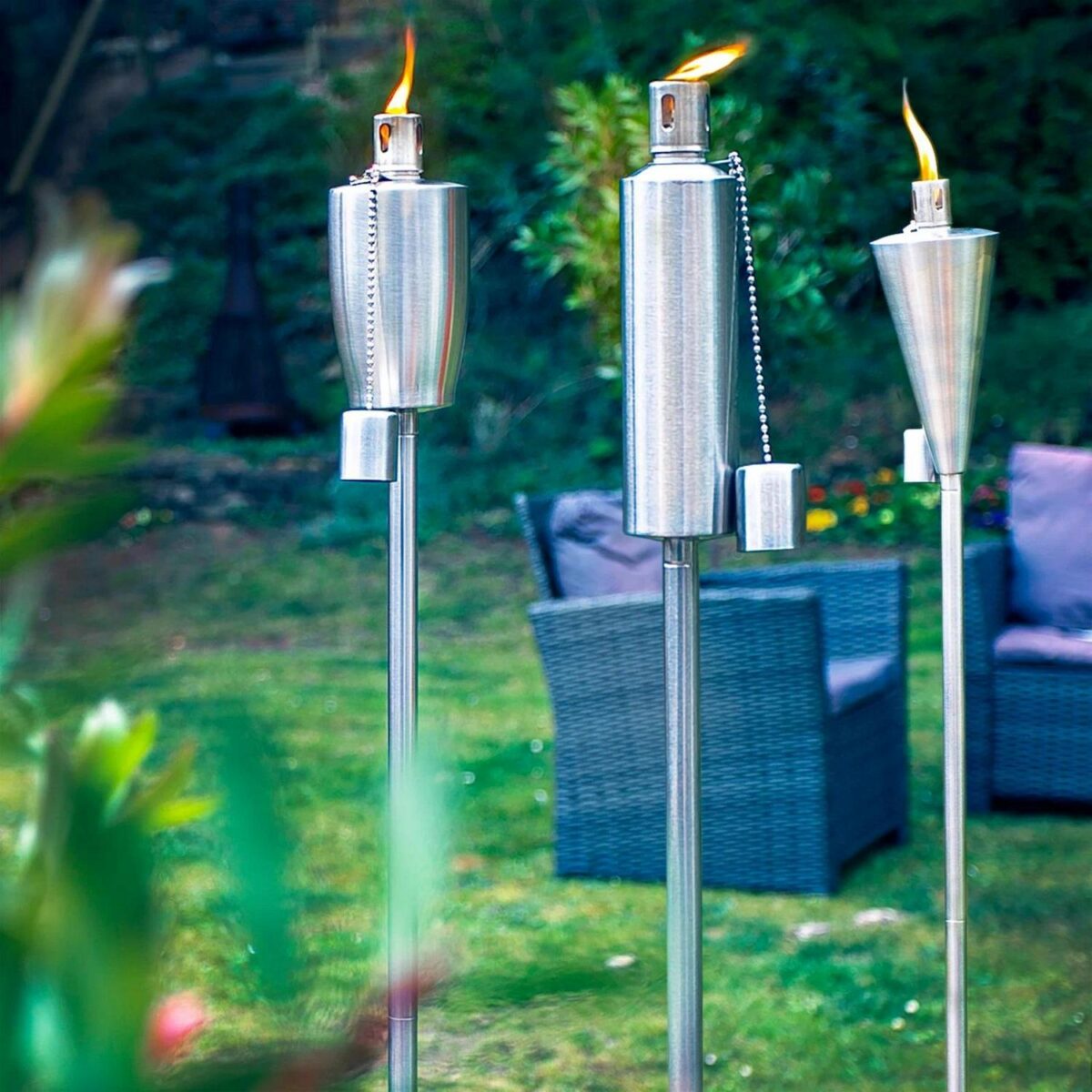2x Metal Barrel Garden Fire Torches Outdoor Citronella Oil Tiki 146cm Silver - Image 6
