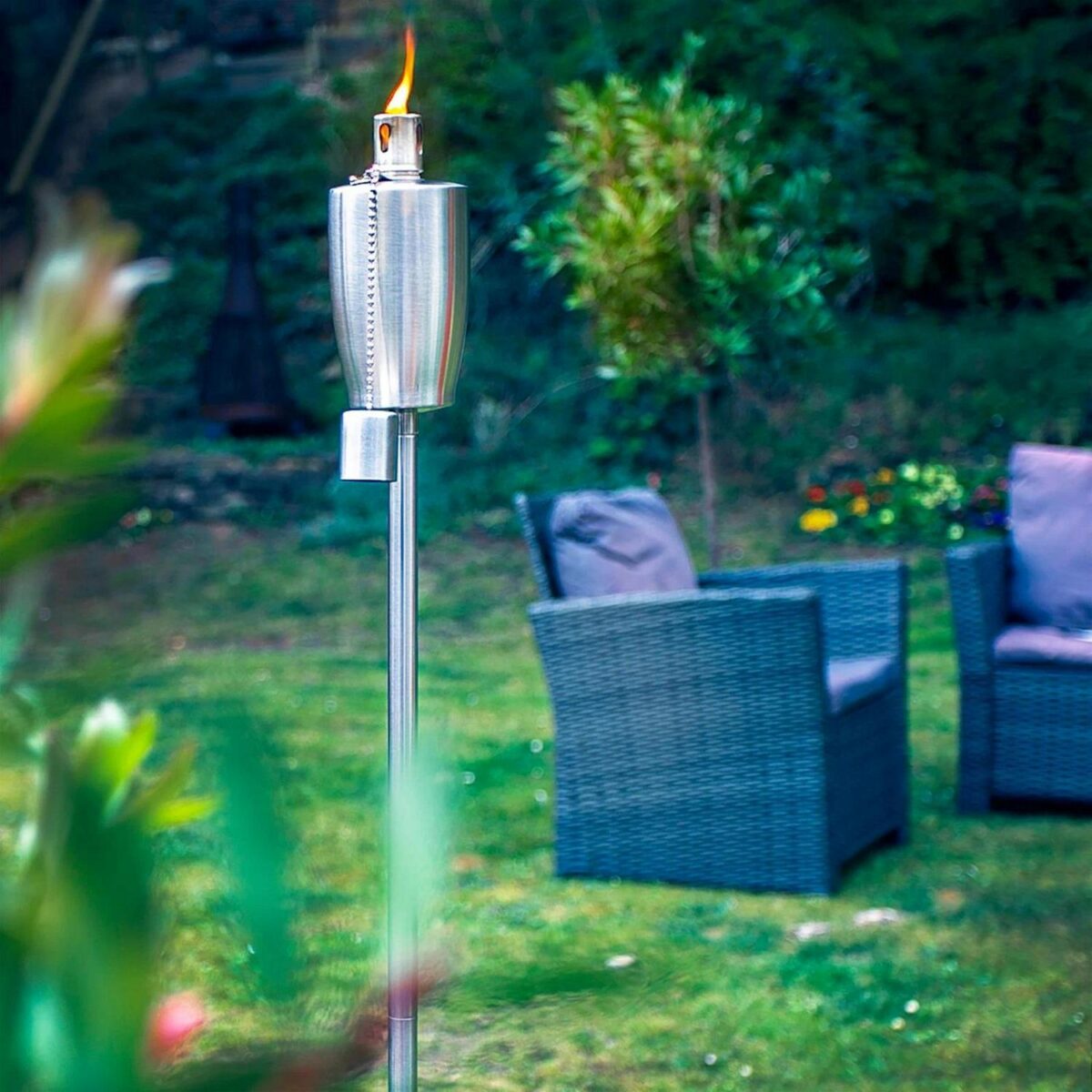 2x Metal Barrel Garden Fire Torches Outdoor Citronella Oil Tiki 146cm Silver - Image 5