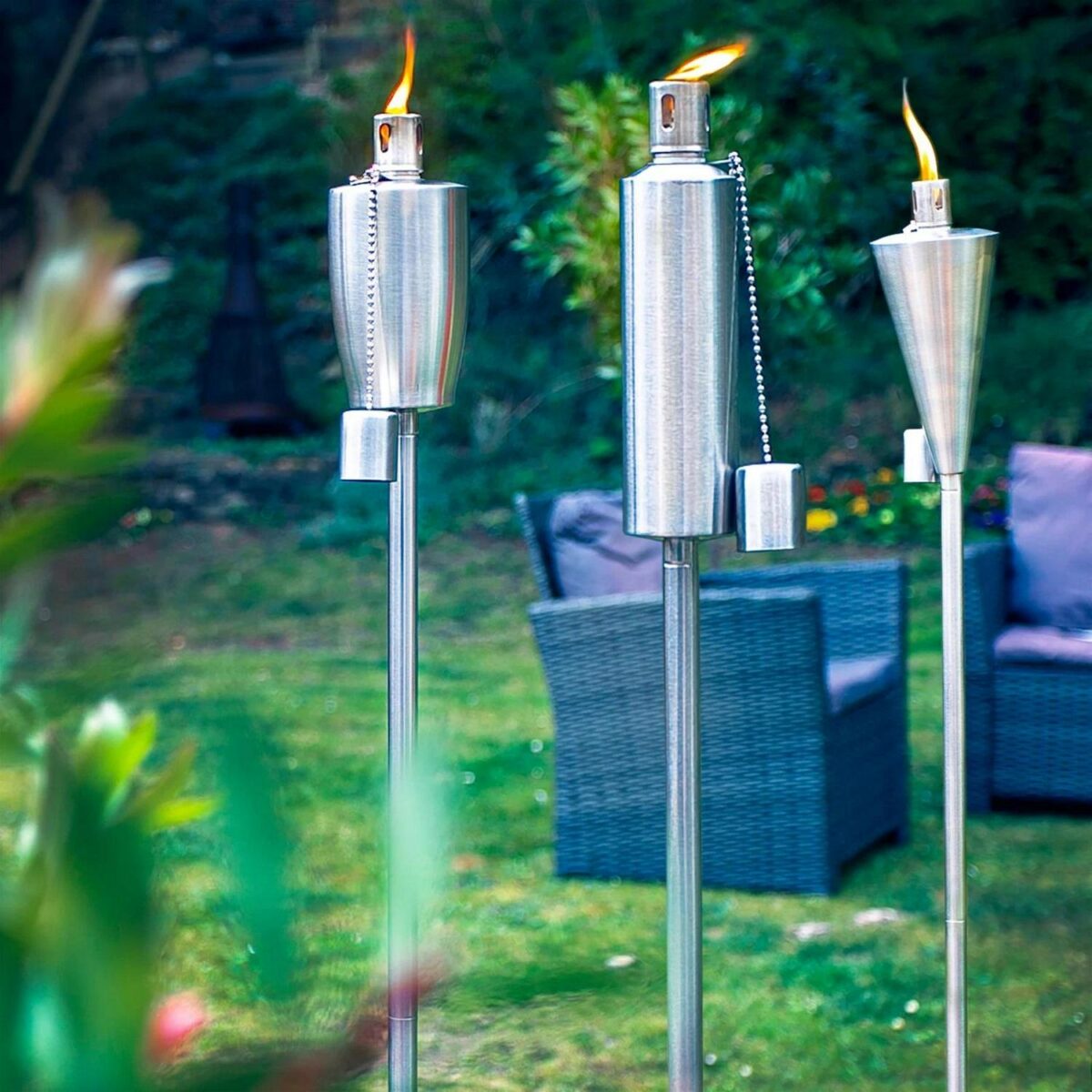 2x Metal Cone Garden Fire Torches Outdoor Citronella Oil Tiki 146cm Silver - Image 7