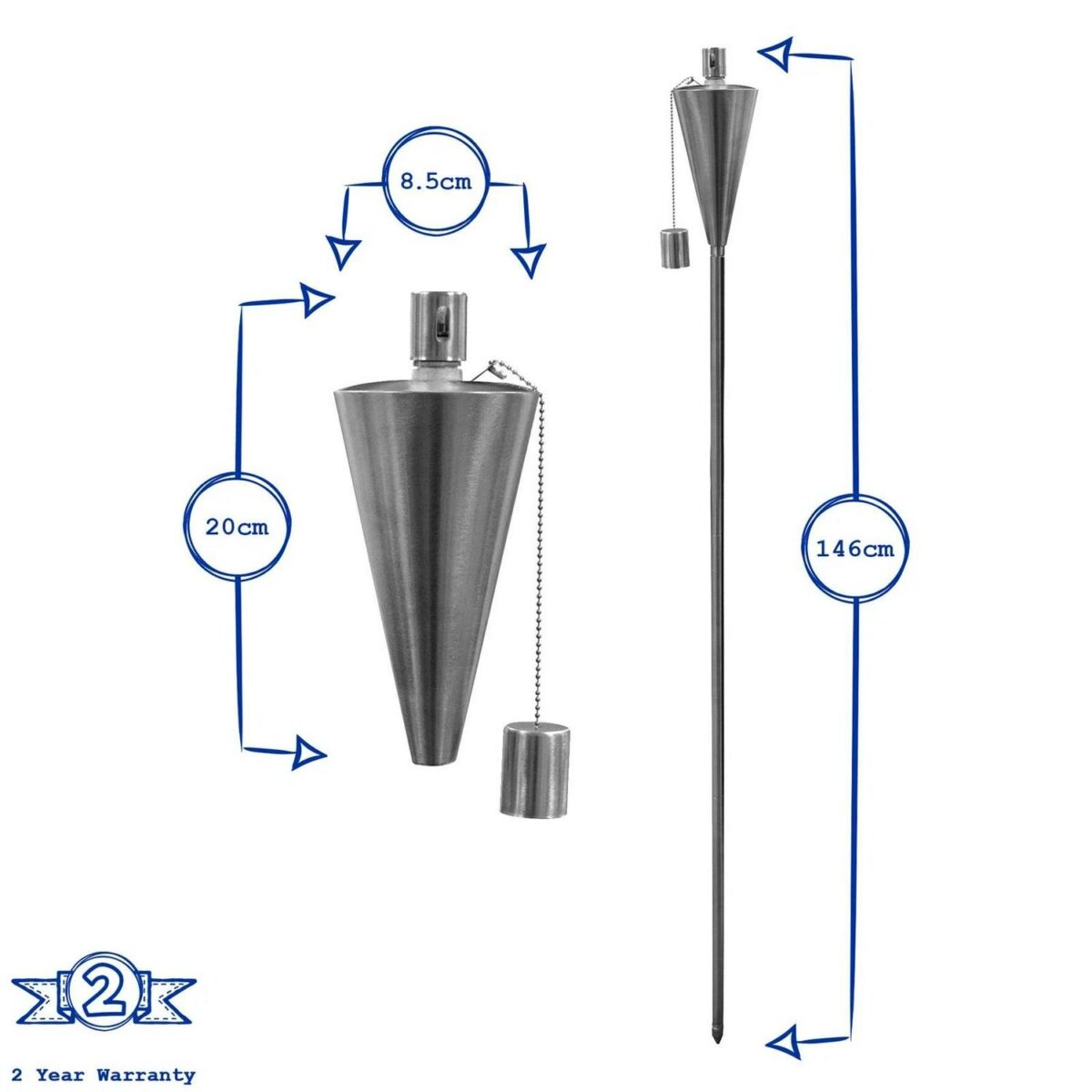 2x Metal Cone Garden Fire Torches Outdoor Citronella Oil Tiki 146cm Silver - Image 3