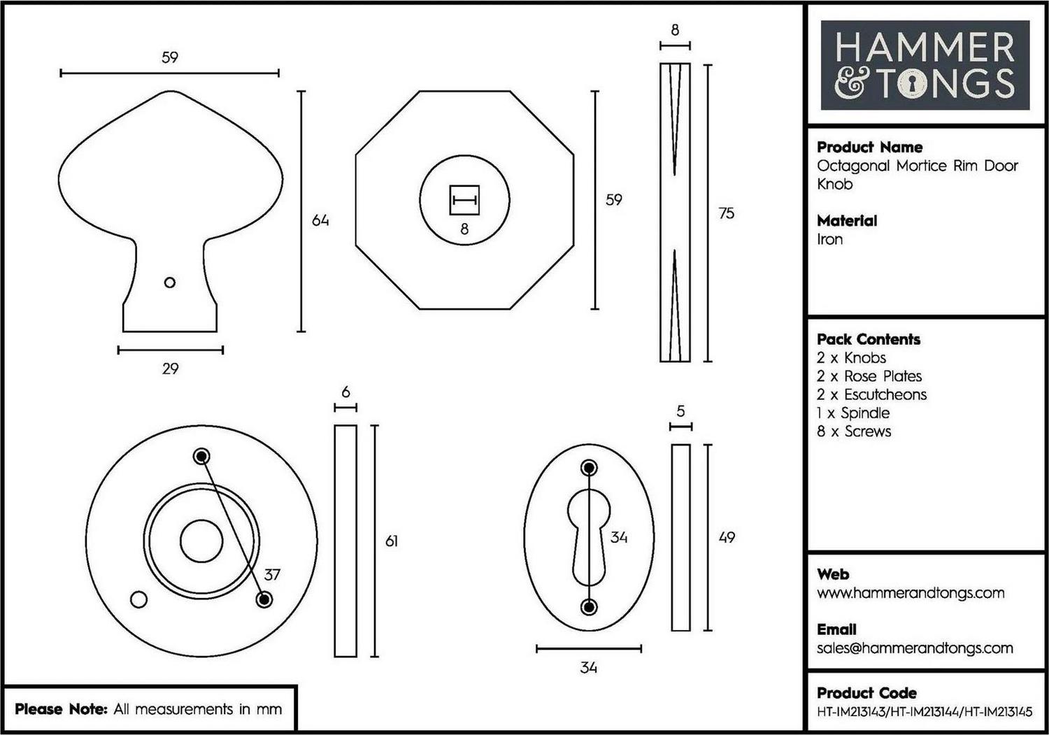 2x Octagonal Rim and Mortice Door Knob Cast Iron Antique Vintage Handle W60mm Raw - Image 5