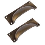 2x Rectangular Cabinet Cup Handle Cast Iron Handles 130mm x 50mm Brass