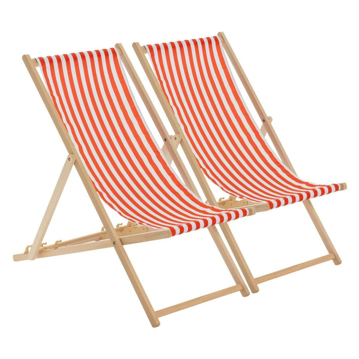 2x Red Orange Stripe Folding Wooden Deck Chairs Outdoor Garden Beach Camping - Image 1