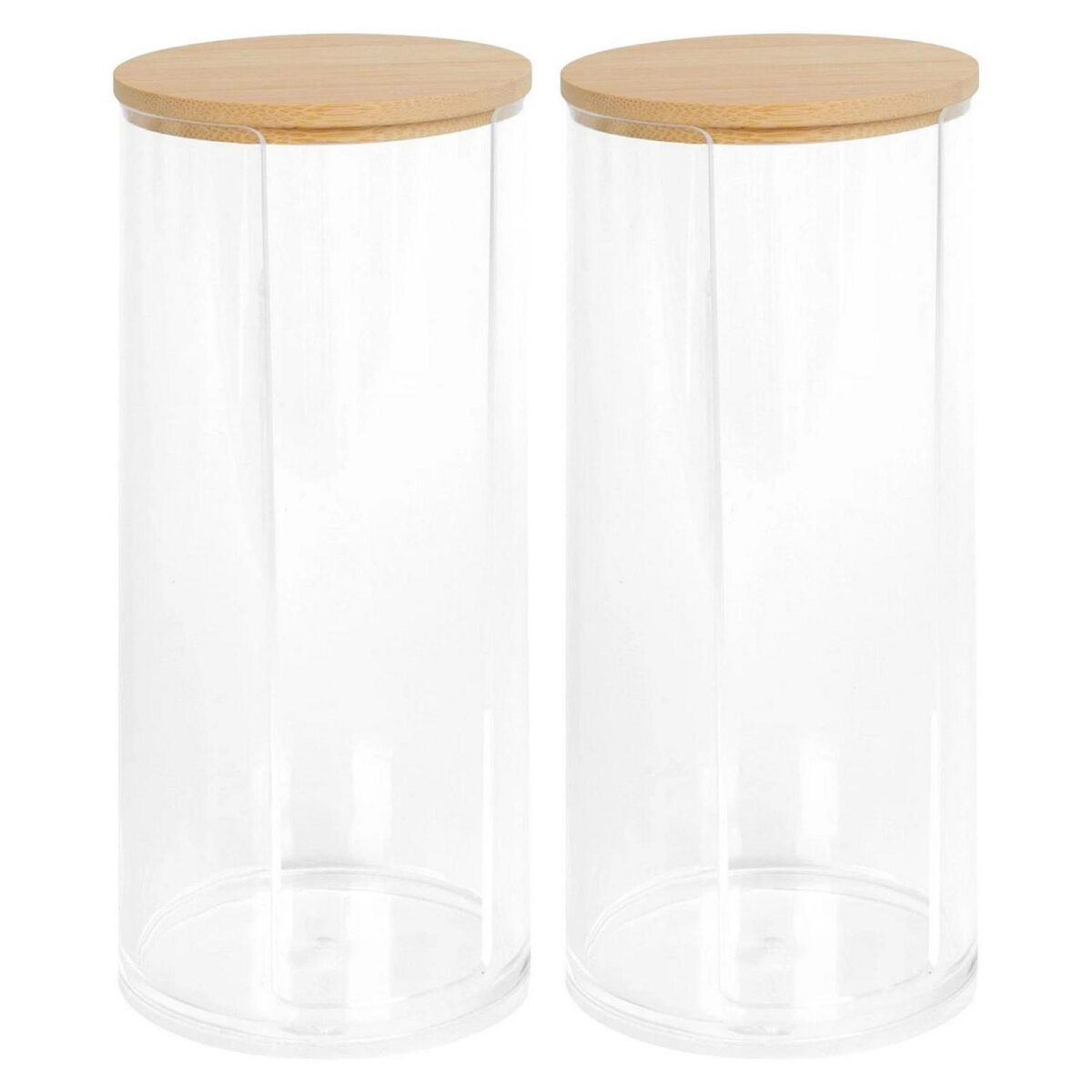 2x Reusable Plastic Tall Cotton Pad Holders with Bamboo Lid Cosmetic Storage - Image 1