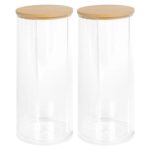 2x Reusable Plastic Tall Cotton Pad Holders with Bamboo Lid Cosmetic Storage