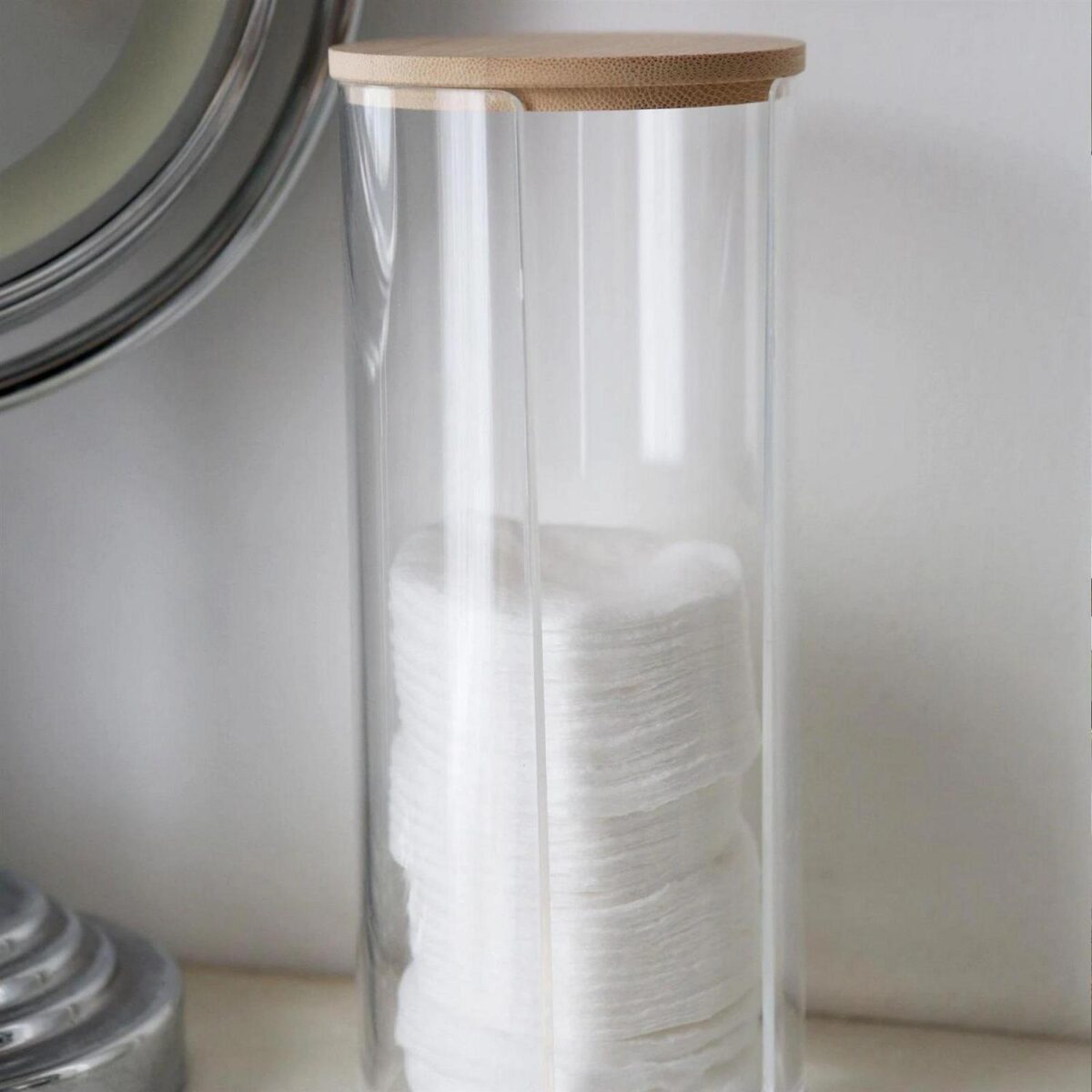 2x Reusable Plastic Tall Cotton Pad Holders with Bamboo Lid Cosmetic Storage - Image 6