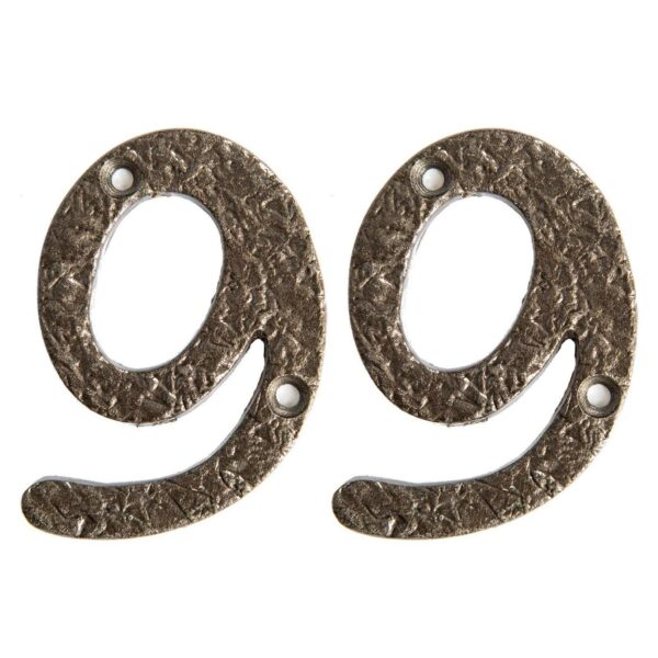 2x Rustic Iron Numeral - Number 9 Cast Iron Antique House Door Sign H75mm Raw