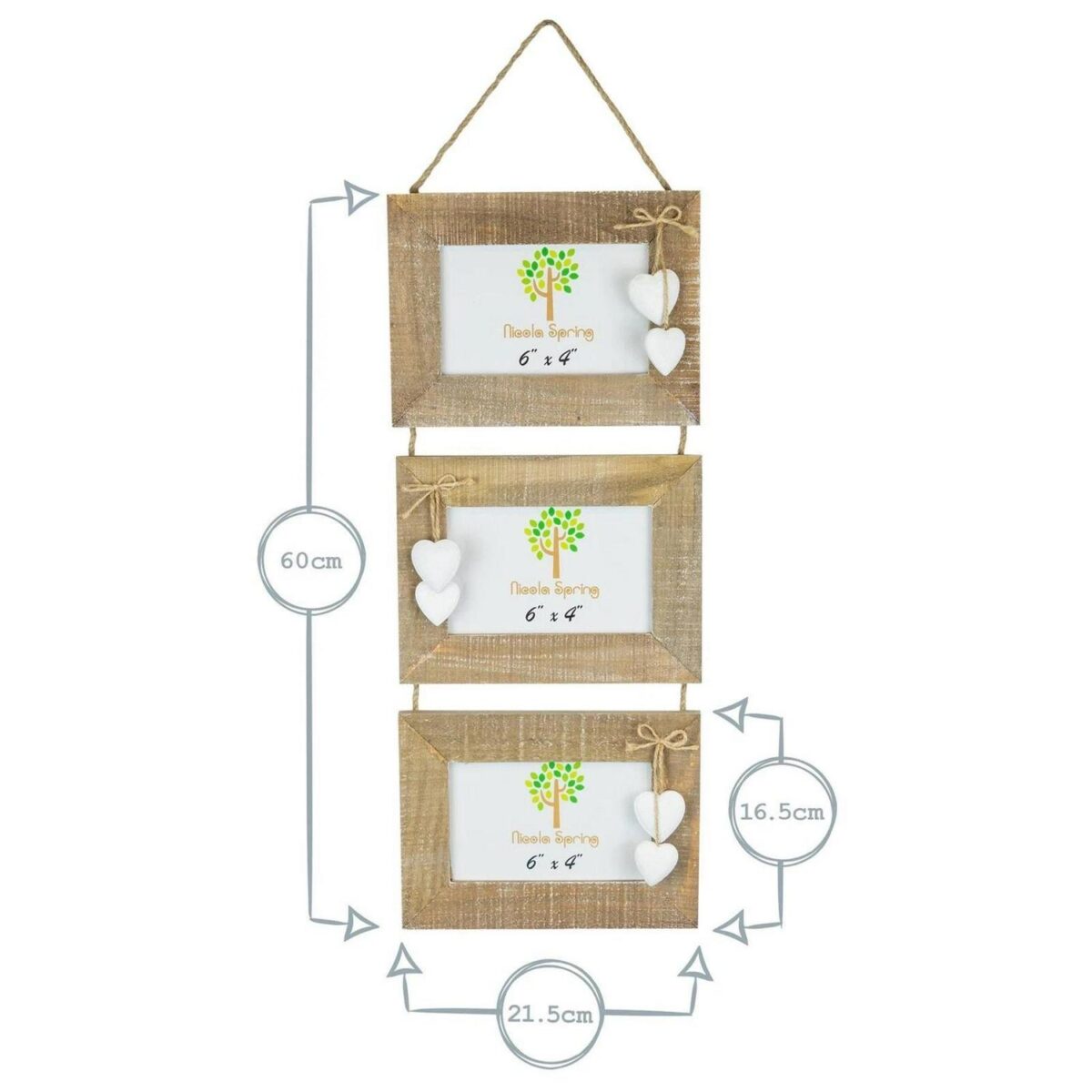 2x Rustic White Hearts Hanging 3 Photo Frames Picture Display 6 x 4  Natural - Image 3