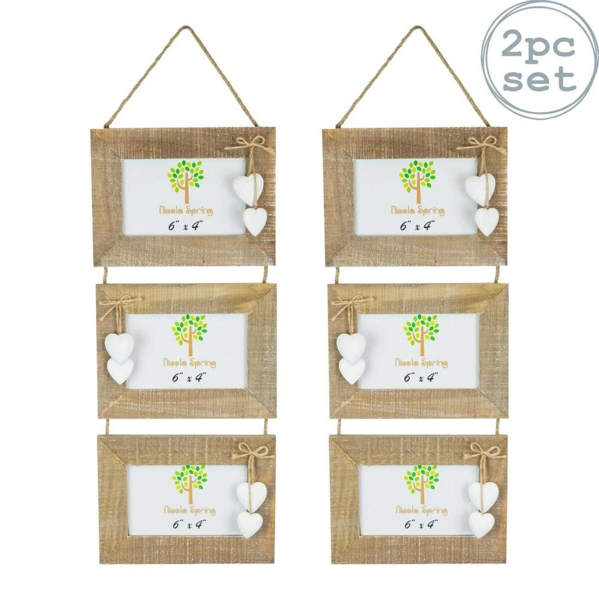 2x Rustic White Hearts Hanging 3 Photo Frames Picture Display 6 x 4  Natural - Image 1