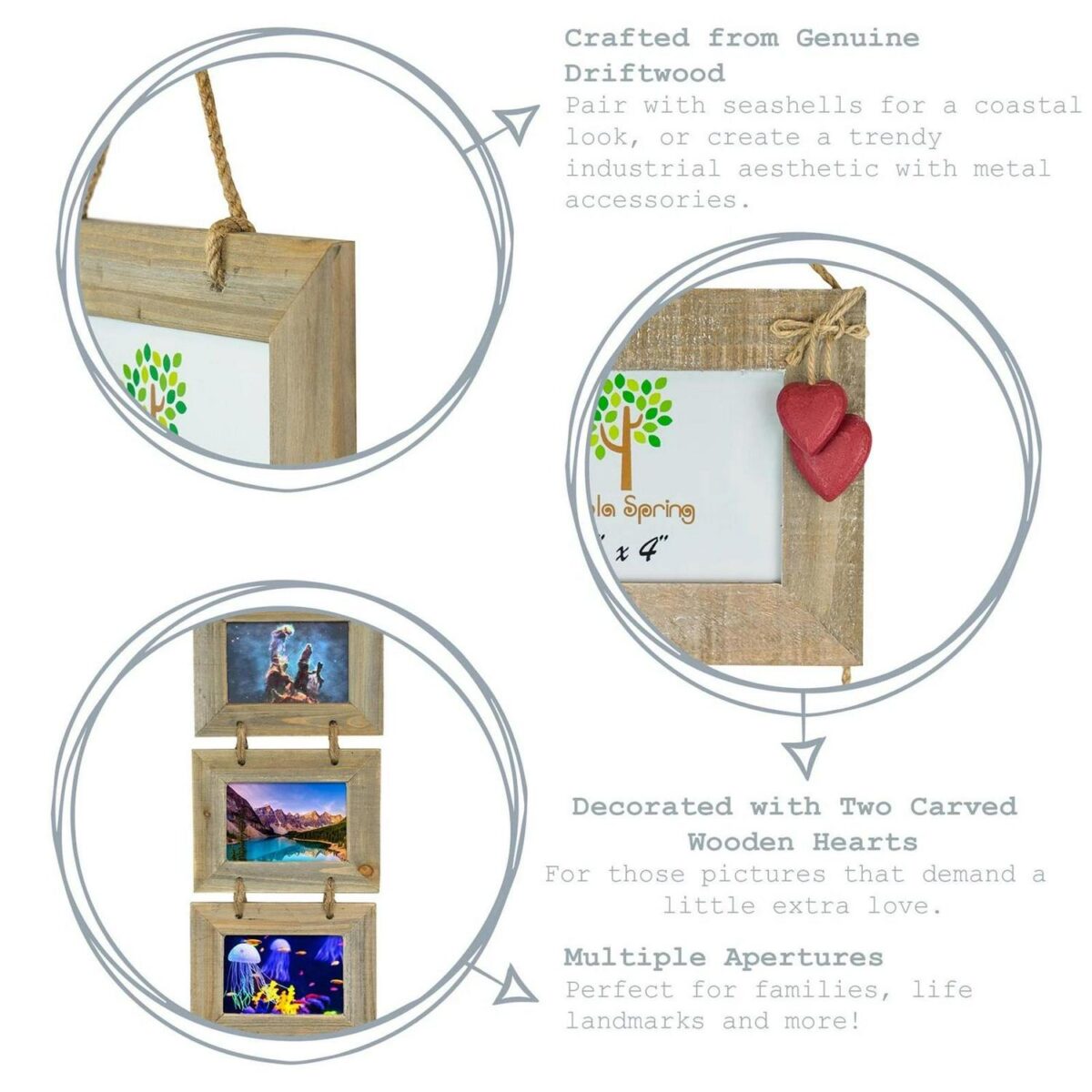 2x Rustic White Hearts Hanging 3 Photo Frames Picture Display 6 x 4  Natural - Image 2