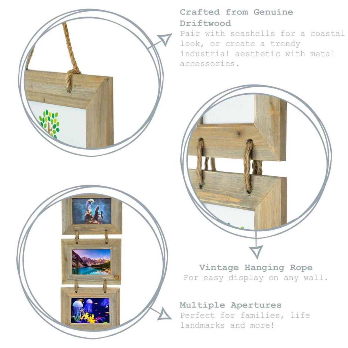 2x Rustic Wooden Hanging 3 Photo Frames Driftwood Picture Display 4 x 6  Natural - Image 2