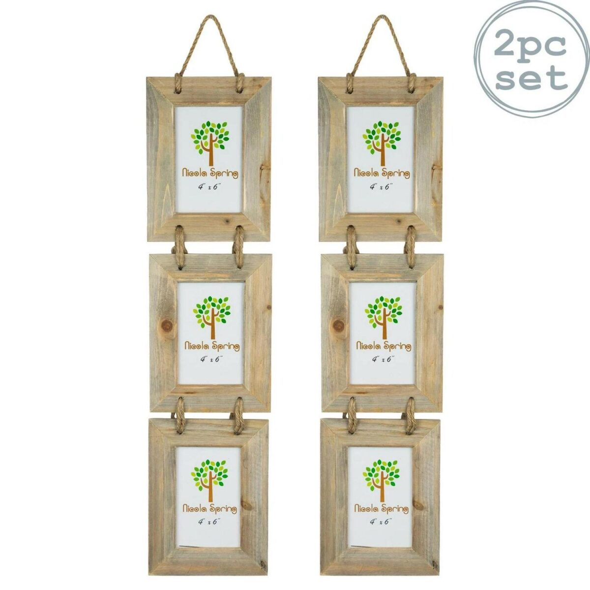 2x Rustic Wooden Hanging 3 Photo Frames Driftwood Picture Display 4 x 6  Natural - Image 1