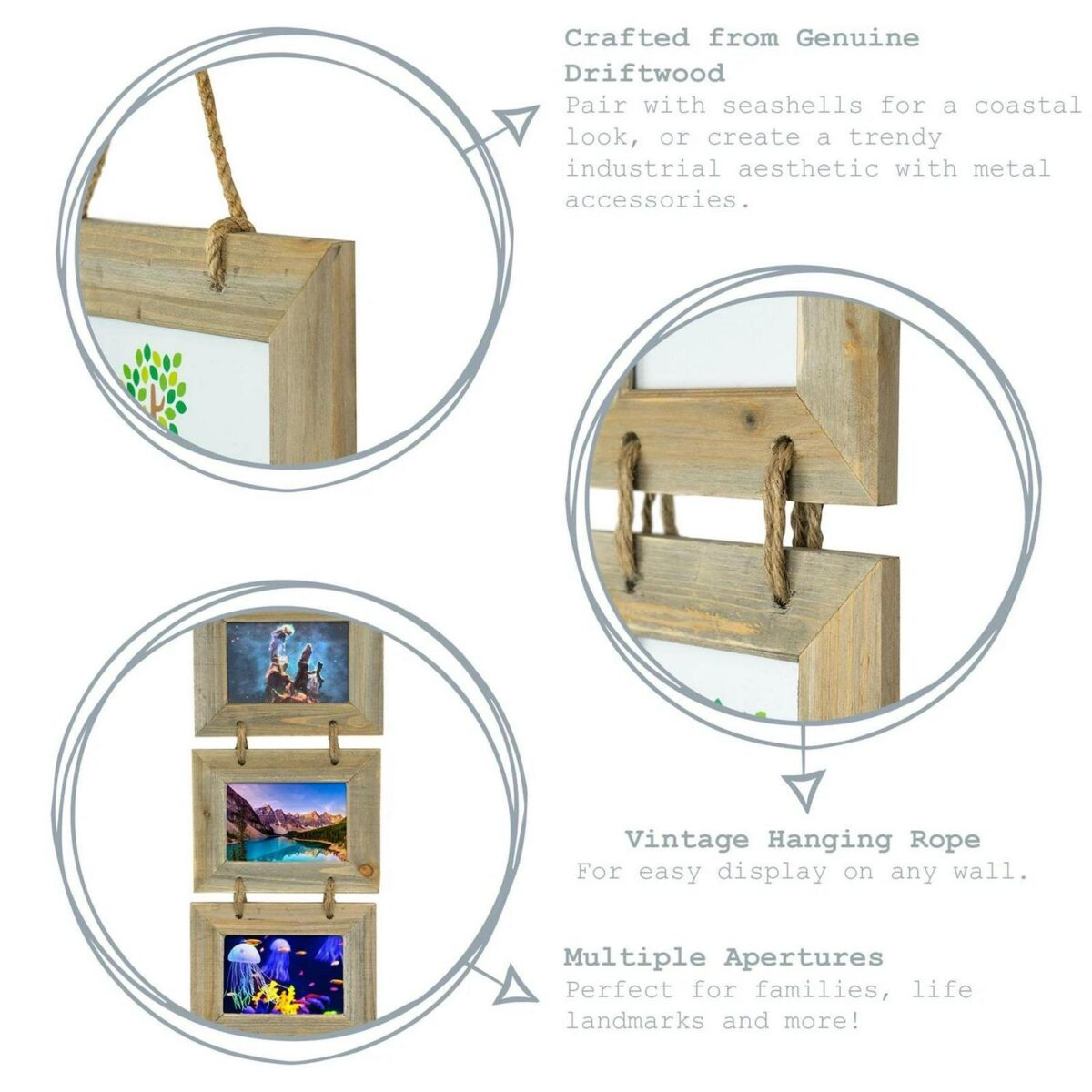 2x Rustic Wooden Hanging 5 Photo Frames Driftwood Picture Display 6 x 4  Natural - Image 2