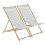 2x Sage Grey Stripe Folding Wooden Deck Chairs Outdoor Garden Beach Camping