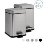 2x Square Bathroom Pedal Bins Steel Removable Inner 3 Litre Brushed Metal