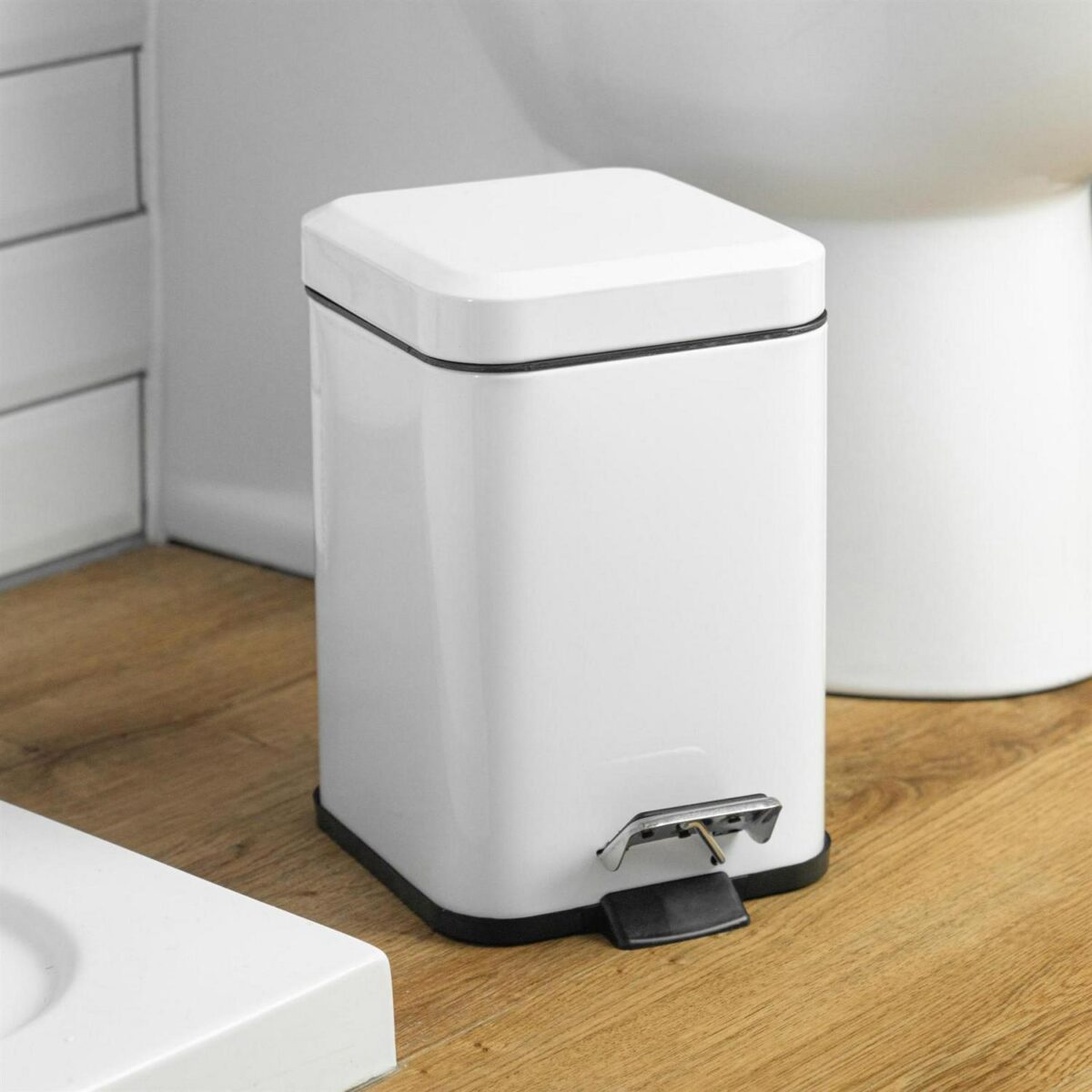 2x Square Bathroom Pedal Bins Steel Waste Basket Removable Inner 3 Litre White - Image 4