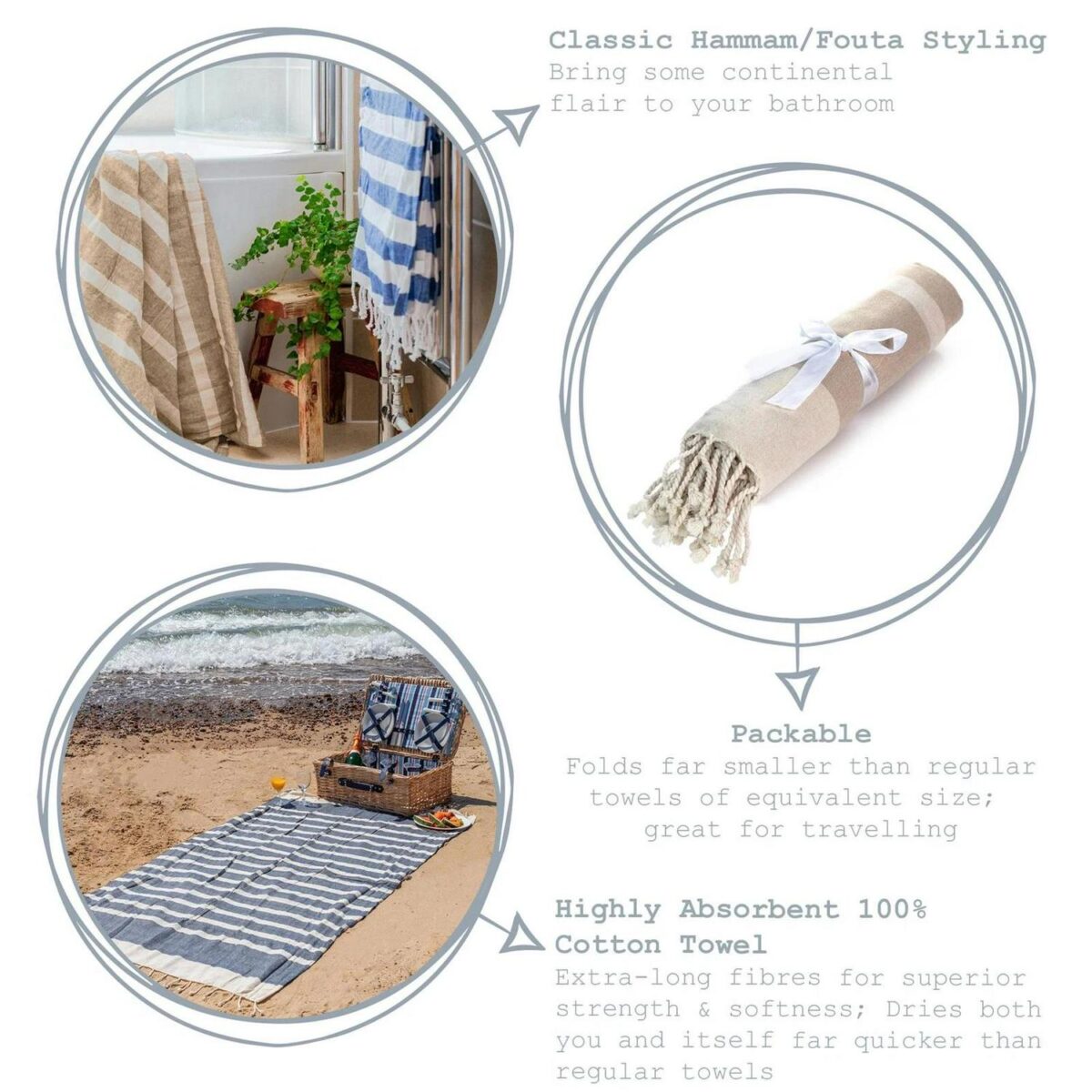 2x Turkish Cotton Bath Towels Lightweight Peshtemal 170 x 90cm Beige Stripe - Image 2