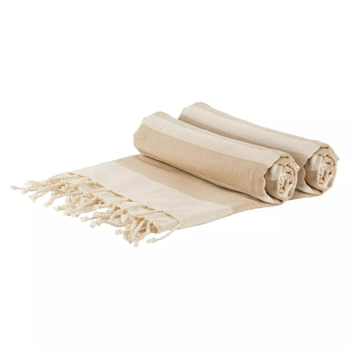 2x Turkish Cotton Bath Towels Lightweight Peshtemal 170 x 90cm Beige Stripe - Image 1