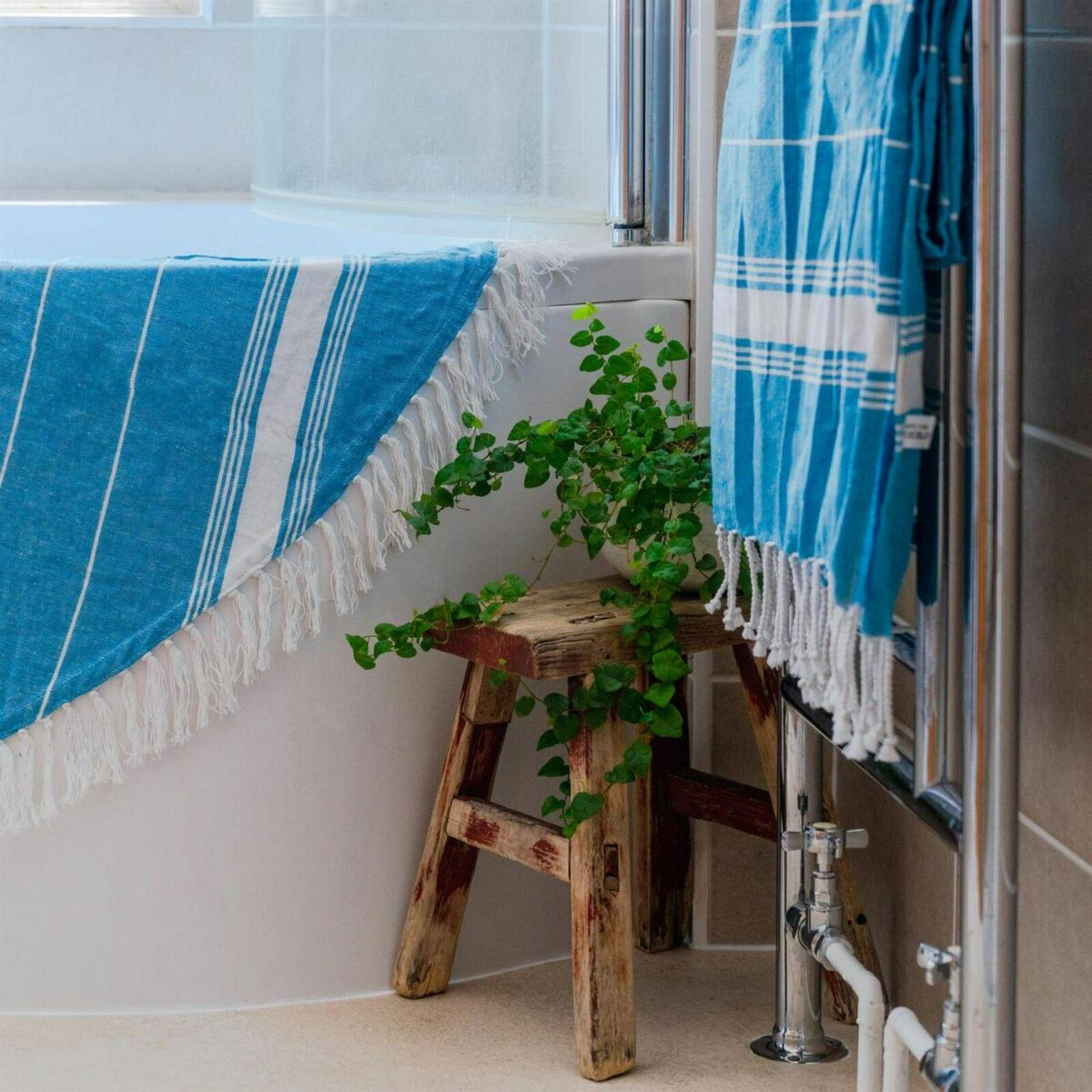 2x Turkish Cotton Bath Towels Lightweight Beach Peshtemal 170 x 90cm Grey/Blue - Image 6