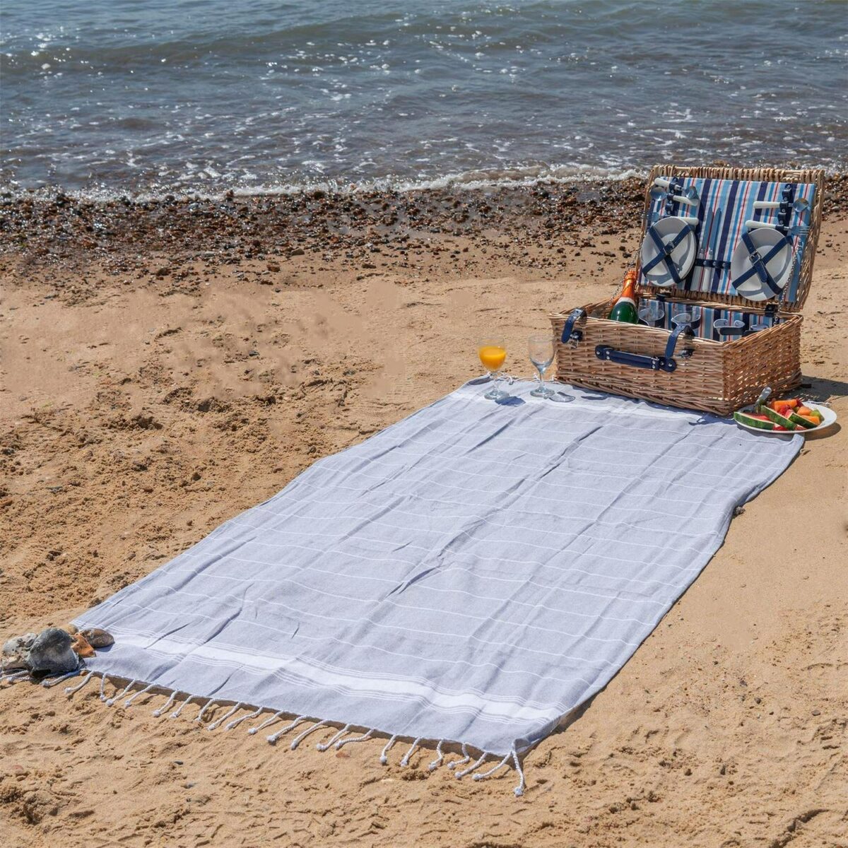 2x Turkish Cotton Bath Towels Lightweight Beach Peshtemal 170 x 90cm Grey/Blue - Image 7