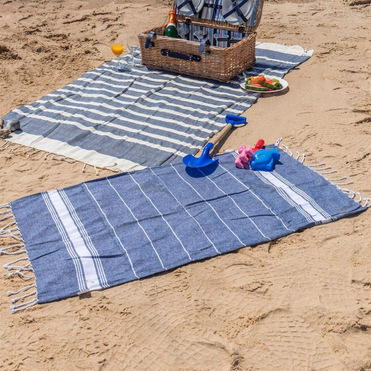 2x Turkish Cotton Children's Towels Lightweight Beach Peshtemal 100 x 60cm Navy - Image 5