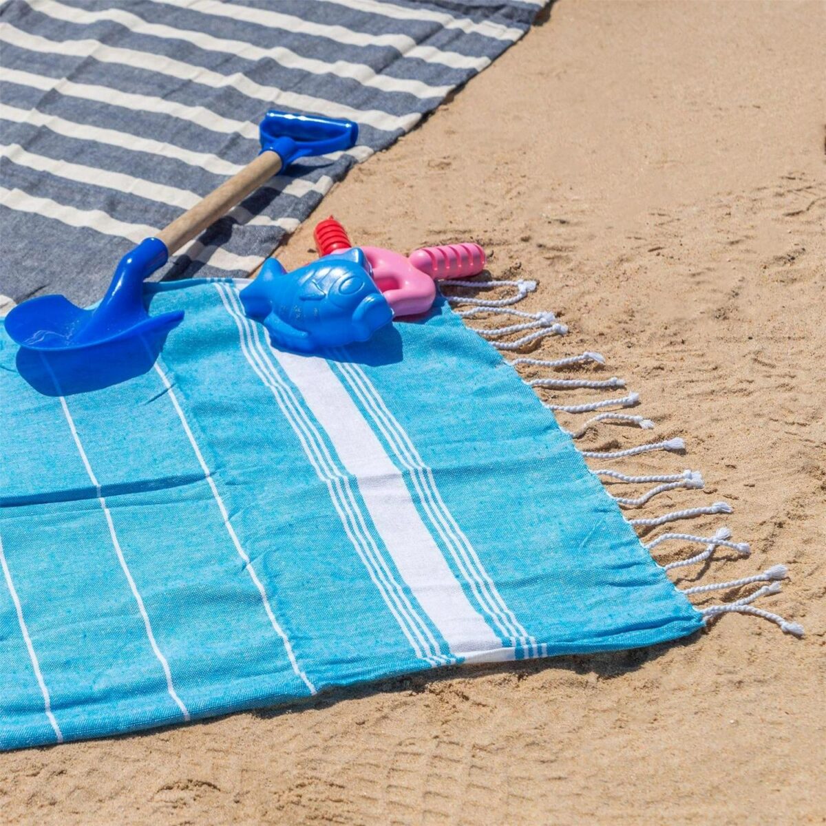2x Turkish Cotton Children's Towels Lightweight Peshtemal 100 x 60cm Light Blue - Image 6
