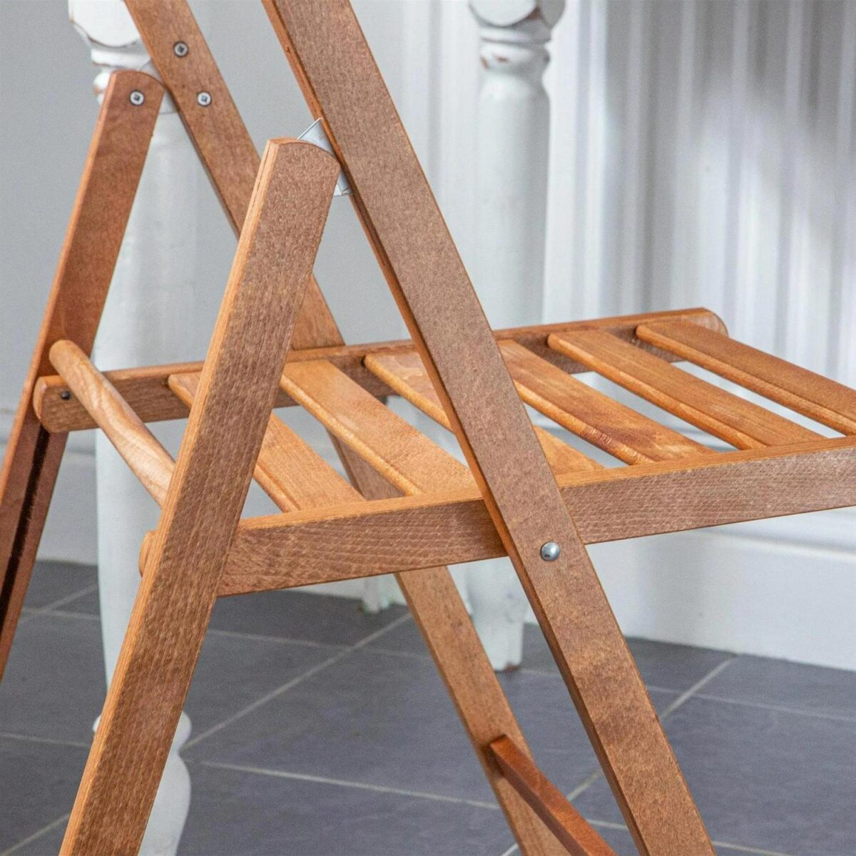 2x Walnut Wooden Folding Chairs Foldable Space Saving Slatted Office Dining Seat - Image 7