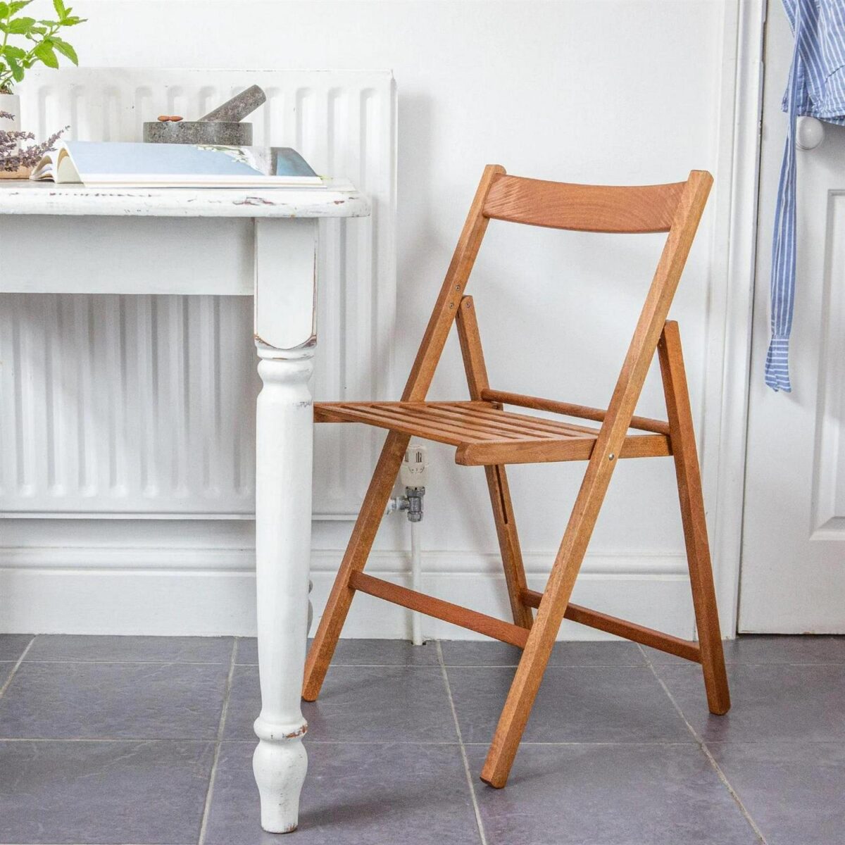 2x Walnut Wooden Folding Chairs Foldable Space Saving Slatted Office Dining Seat - Image 4